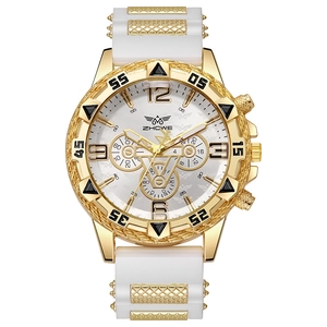 White silicone sport watch for men with large gold bezel and chronograph dials