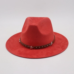 Detail of red fedora hat featuring a brown leather band with silver star and rivet accents