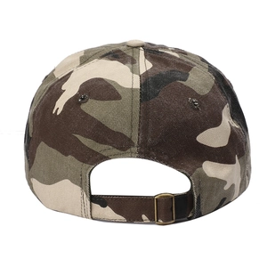 Rear view of camouflage baseball cap showing the adjustable metal buckle and strap