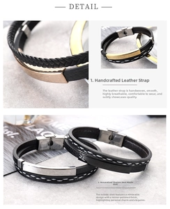 Close-up of braided leather bracelets with stainless steel clasps and polished metal parts