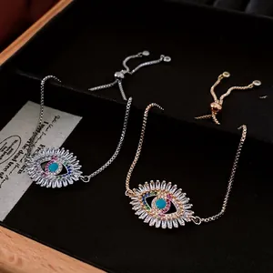 Evil Eye Charm Bracelet Copper Zircon Turquoise Inlay Adjustable Box Chain Vintage Retro Style Jewelry Gift For Women