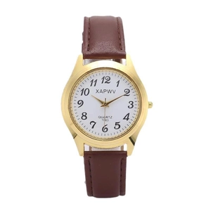 Classic quartz watch with round gold case, white Arabic dial and brown leather strap