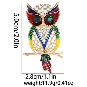 Colorful owl brooch in gold alloy with rhinestones and multi-color enamel painting
