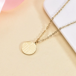 Minimalist Titanium Steel Gold Plated Round Chinese Fu Character Pendant Necklace For Women Ethnic Style Jewelry Accessories