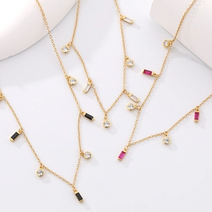 Elegant gold S925 silver necklace with colorful geometric tassels and zircon charms
