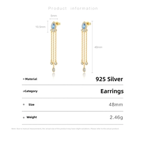 Detailed size specifications for gold plated drop earrings with blue teardrop stones