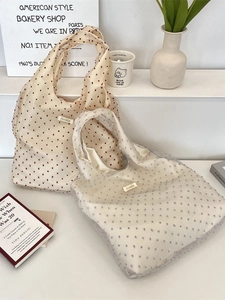 Women Dotted Organza Mesh Tote Bag Large Capacity Lightweight Fashion Handbag Casual Shoulder Travel Shopping Bag