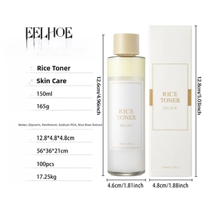 Tonico al riso idratante per il viso, flacone da 150 ml con confezione e dimensioni.