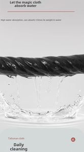Macro shot of highly absorbent black microfiber cloth showing dynamic water wringing detail