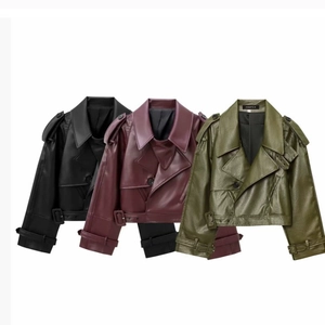Women's vintage biker jacket in black, burgundy, and olive green faux leather with belts
