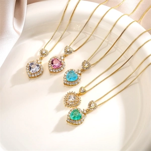 Fashion Double Heart Pendant Necklace Copper Gold Plated Zirconia Inlaid Elegant Jewelry For Women Wedding Dating Gift