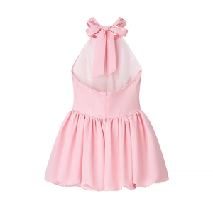 Pink halter backless mini dress featuring a large bow and satin bubble hem