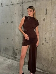 Women Sexy Asymmetric Ruched Dress Polyester Sleeveless One Shoulder High Neck Bodycon Mini Party Clubwear Elegant