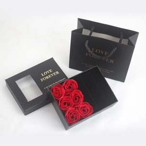 Elegant black gift box set with six red soap roses and a matching Love Forever tote bag