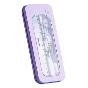 Purple metal geometry set with compass and rulers in a transparent window tin box