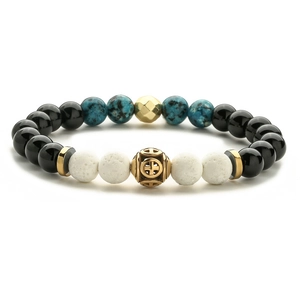 Bracelet élastique en pierres naturelles, lave et perle en croix dorée ciselée