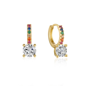Detail of gold huggie earrings with rainbow zircon stones and round clear pendant diamond