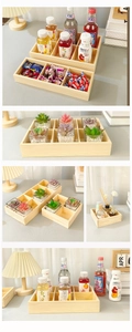Detail shots of multi-compartment solid wood tray for tabletop organization in various settings