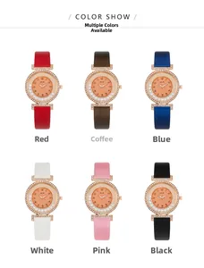 Color options for diamond-encrusted women's quartz watch with leather strap