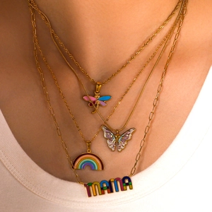 Collier Pendentif En Acier Inoxydable Émail Coloré Papillon Libellule Arc En Ciel Love Mama Lettre Plaqué Or Bijoux Femmes