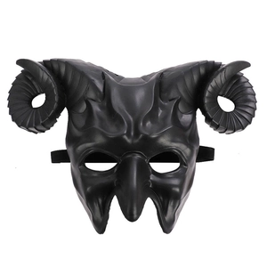 Black 3D devil horn mask with spiral details for Halloween cosplay and masquerade parties