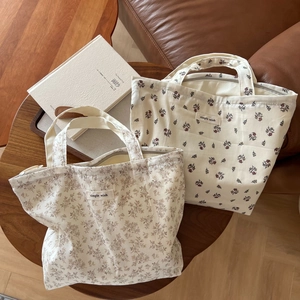 Floral Print Canvas Handtasche Aus Baumwolle Kleine Tragetasche Mit Reißverschluss Für Mittagessen Bento Täglicher Gebrauch