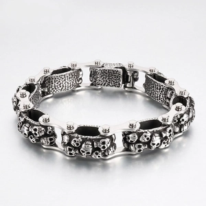 Men Skull Head Bracelet Stainless Steel Punk Bicycle Chain Link Gothic Retro Silver Heavy Metal Industrial Jewelry