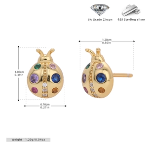Detailed view of colorful zircon ladybug stud earrings with size and weight dimensions