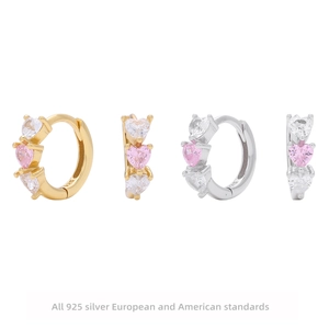 Huggie Hoop Earrings 925 Sterling Silver Heart Shaped Pink White Cubic Zirconia Sweet Fashion Jewelry For Women