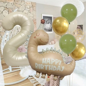 Balloon set for 2nd birthday with number 2, cartoon dinosaur, olive green and cream balloons