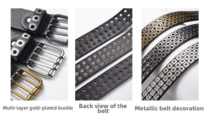 Detail of punk PU leather belt featuring multi-row metal eyelets and a multi-prong heavy buckle