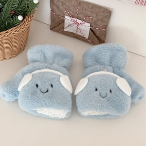 Cute light blue plush convertible mittens with earphone design and thick fleece lining