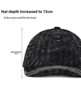 Detail view of washed black corduroy baseball cap with a deep 13cm crown for a snug fit