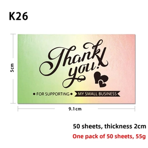 Detailed view of laser gradient thank you cards showing dimensions 9.1x5cm and pack size