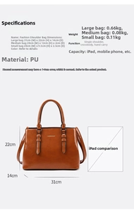 Size chart showing dimensions for the 3-piece PU leather shoulder and crossbody bag set