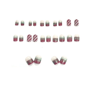 Christmas matte press-on nails with red plaid and glitter gradient design 24pcs set