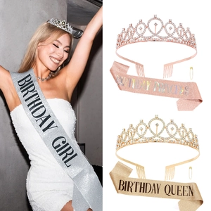 Birthday Crown Tiara And Sash Alloy Rhinestone Glitter Fabric Birthday Girl Queen Princess Party Favors For Women Girls