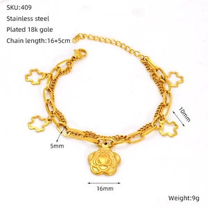 Detail of 18k gold plated stainless steel double layer bracelet with camellia flower charm