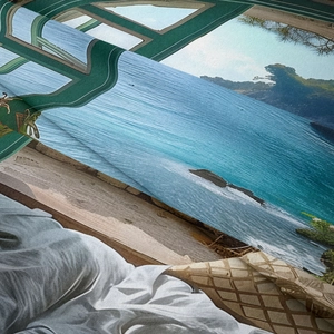 Detailed texture of bohemian tapestry featuring ocean window view and blue sea landscape