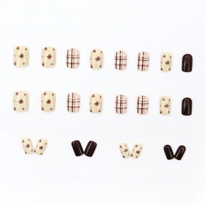 Brown plaid and floral square press-on nails set in cream and coffee tones, 24 piece kit