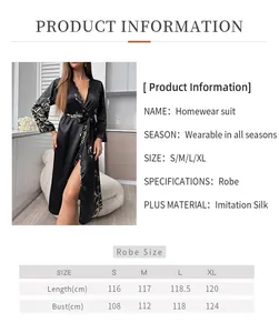 Size chart detail for black cherry print imitation silk ice silk bath robe for women