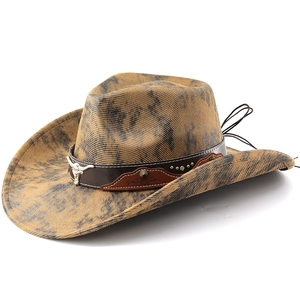 Vintage western cowboy hat with bull head metal ornament and rivet leather band