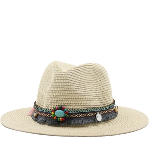 Bohemian Fedora Straw Sun Hat With Ethnic Beaded Band Tassels And Turquoise Decoration Beach Vacation For Unisex Adults