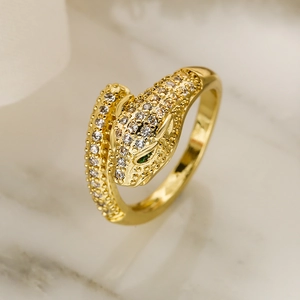 18K gold plated leopard open ring encrusted with white and green sparkling zircons