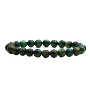 Natural green tiger eye stone beaded bracelet with cat eye effect on white background