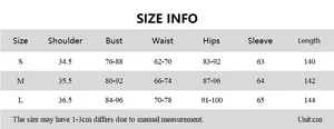 Detailed size chart with shoulder, bust, waist, and length for long slim fit dress