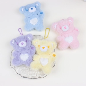 Cute plush bear charms with heart embroidery in blue, pink, purple, and yellow colors