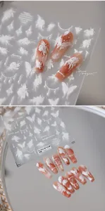 Detail of 5D white embossed butterfly nail art stickers TS-3621 with lace floral patterns