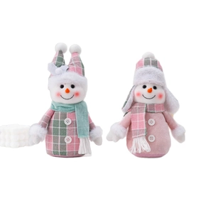 Set of two plush Christmas snowmen with pink and green plaid hats and scarves