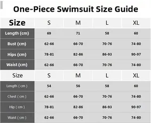 Detailed size guide table for women's one piece swimsuit with S, M, L, XL measurements